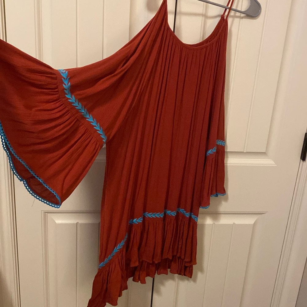 Dark orange and blue bell sleeve dress